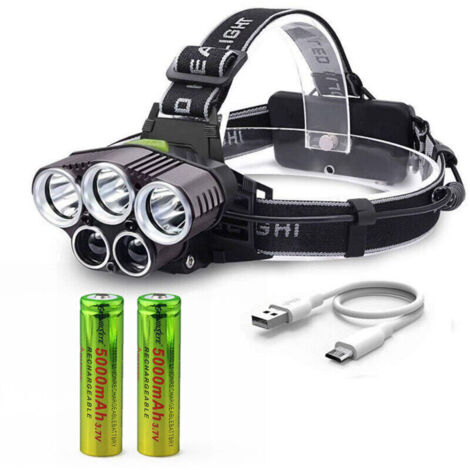 Wiederaufladbare Stirnlampe, extrem helle Leuchtkraft (Lumen), USB-aufladbar, 5 LEDs, 6 Leuchtmodi, 2 Batterien, stoßfest, für Wandern, Laufen, Camping, Klettern, Bergsteigen und Heimwerkerprojekte – 