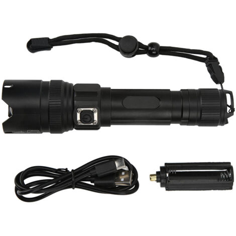 Wiederaufladbare, zoombare LED-Taschenlampe mit USB-Anschluss und 5 Leuchtmodi für Wandern und Camping