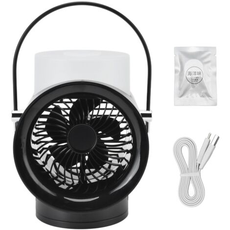 Wiederaufladbarer 350-ml-USB-Ventilator mit Sprühfunktion, 3 Geschwindigkeitsstufen und Licht – ideal für Zuhause, Reisen und Camping (Schwarz)
