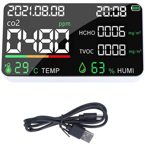 Wiederaufladbarer CO₂-Detektor mit USB-Anschluss (1200 mAh) – Misst CO₂, HCHO, Luftfeuchtigkeit und Temperatur – 5-V-Netzteil – Weiß