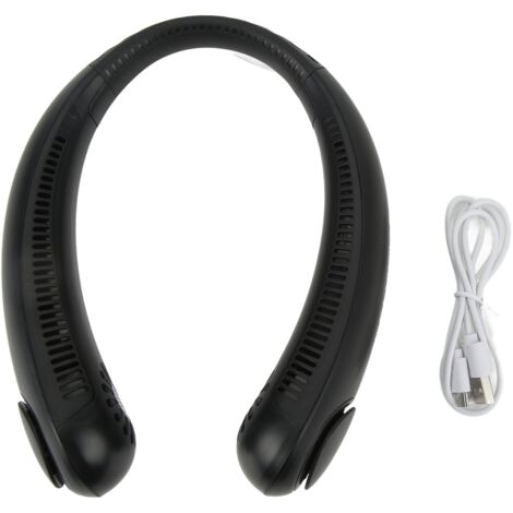Wiederaufladbarer Nackenventilator über USB, leicht und leise, perfekt für den Sommer, ergonomisches und verstellbares Design in Schwarz.