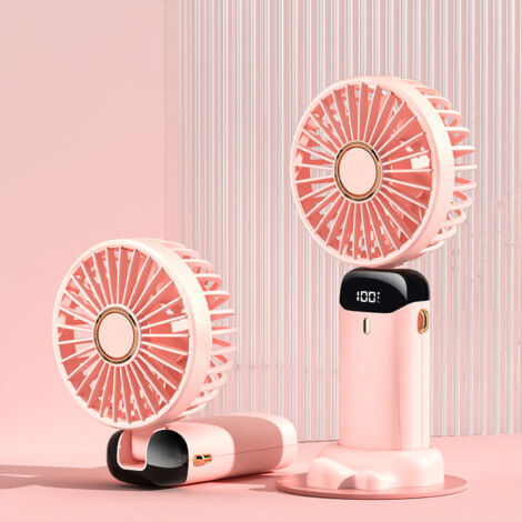 Wiederaufladbarer USB-Taschenventilator mit Digitalanzeige, ergonomischem Griff, leicht und tragbar für den Outdoor-Einsatz, Pink – 3000 mAh, inklusive Dufttablette und Handschlaufe