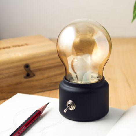 Wiederaufladbares, kabelloses LED-Nachtlicht im Retro-Stil in Schwarz, ideal als Nachttischdekoration für Schlaf- oder Wohnzimmer, 11 x 7 x 6 cm
