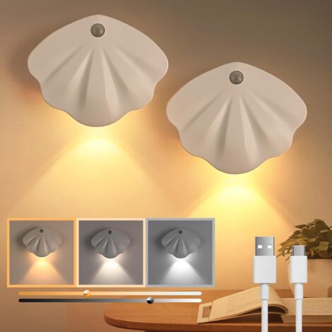 AOUGO Wiederaufladbares LED-Nachtlicht, 2er-Pack Nachtlicht mit Bewegungssensor, selbstklebender Magnetstreifen, Muschel-Nachtlicht für Kinder für Babyzimmer, Flur, Küche, Treppen.