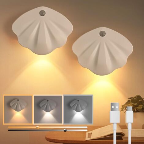 Wiederaufladbares LED-Nachtlicht, 2er-Pack Nachtlicht mit Bewegungssensor, selbstklebender Magnetstreifen, Muschel-Nachtlicht für Kinder für Babyzimmer, Flur, Küche, Treppen.