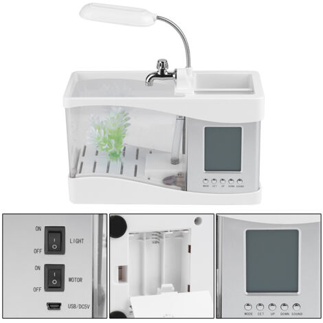 Wiederaufladbares USB-Aquarium mit Uhr und LED – Multifunktionales Mini-Fischglas, Weiß