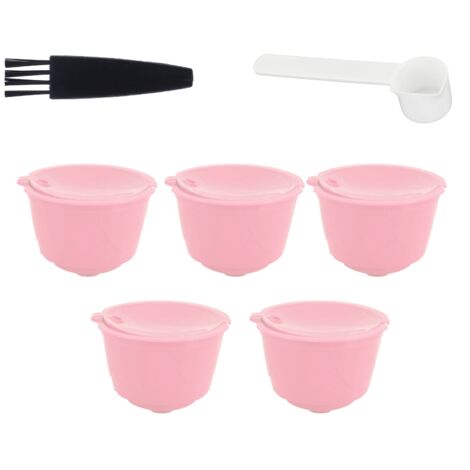 Wiederverwendbare Kapseln für Dolce Gusto Maschinen – 5er-Set rosa Kapseln mit Löffel und Reinigungsbürste