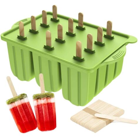 Wiederverwendbare Silikon-Eisformen, BPA-frei, mit 50 Holzstäbchen (Grün)