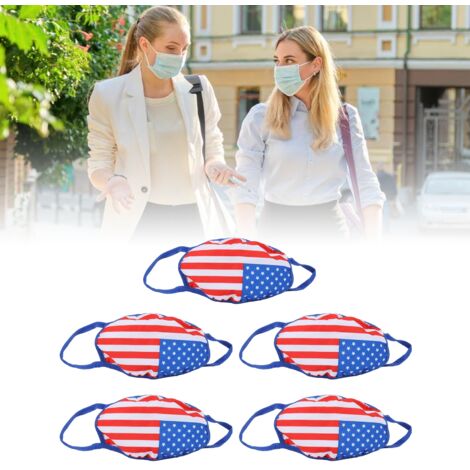 Wiederverwendbare, waschbare Gesichtsmaske aus reiner Baumwolle, 5 Stück für Erwachsene, mit amerikanischem Flaggenmuster, optimaler Schutz von Nase bis Kinn.