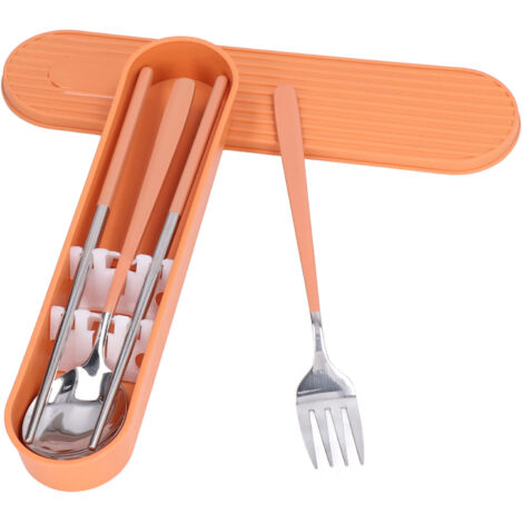 Wiederverwendbares Besteckset aus Edelstahl 304 für Schüler und Büro – Gabel, Löffel, Essstäbchen, orange und silberfarben