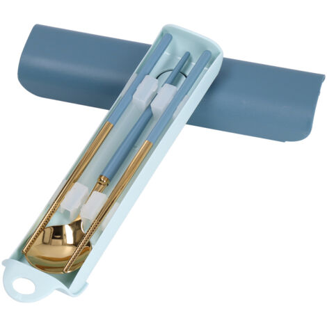 Wiederverwendbares Edelstahl-Besteckset für Schüler, Aufbewahrungsbox mit Gabel, Löffel und Essstäbchen, ideal für Reisen – Blau und Gold