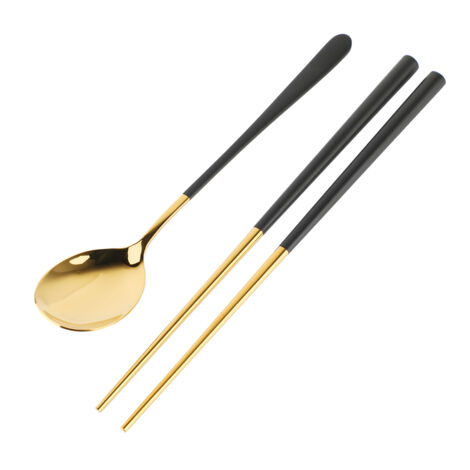 Wiederverwendbares Edelstahl-Besteckset – Löffel und Essstäbchen (Schwarz und Gold)