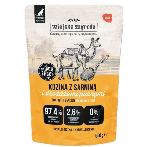 Wiejska Zagroda  Cibo umido per cani  Bustina da 500 g - Capra con cervo e lievito di birra 500 g