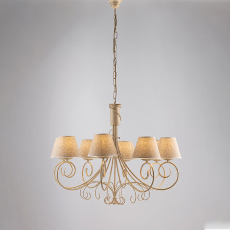 Wiener Eisen Elfenbein Gold Kronleuchter acht Lichter Stoffeffekt Lampenschirme 78x h63 cm