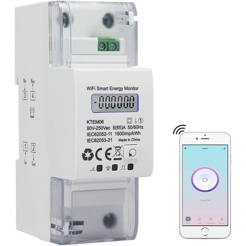 WiFi Compteur d'Énergie Monophasé Rail Din Compteur électrique Numérique ac 5(65) a 90-250V Wattmetre Consommation Electrique Mètre Watt KWh Smart