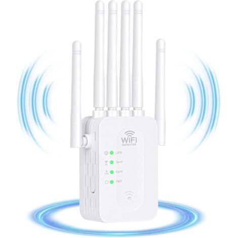 WiFi Repeater, WiFi Extender of Latest Technology with 6 Antennas Covering an Area of 1200 m², 2 LAN Ports, Repeater/Router/AP Mode for Home and Office, with All Internet Box (White)