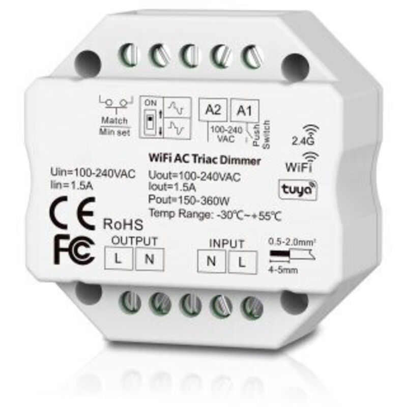 WiFi & RF AC Triac Dimmer - Variateur AC100240V - IP20 - Portée 30m - 52x52x26mm