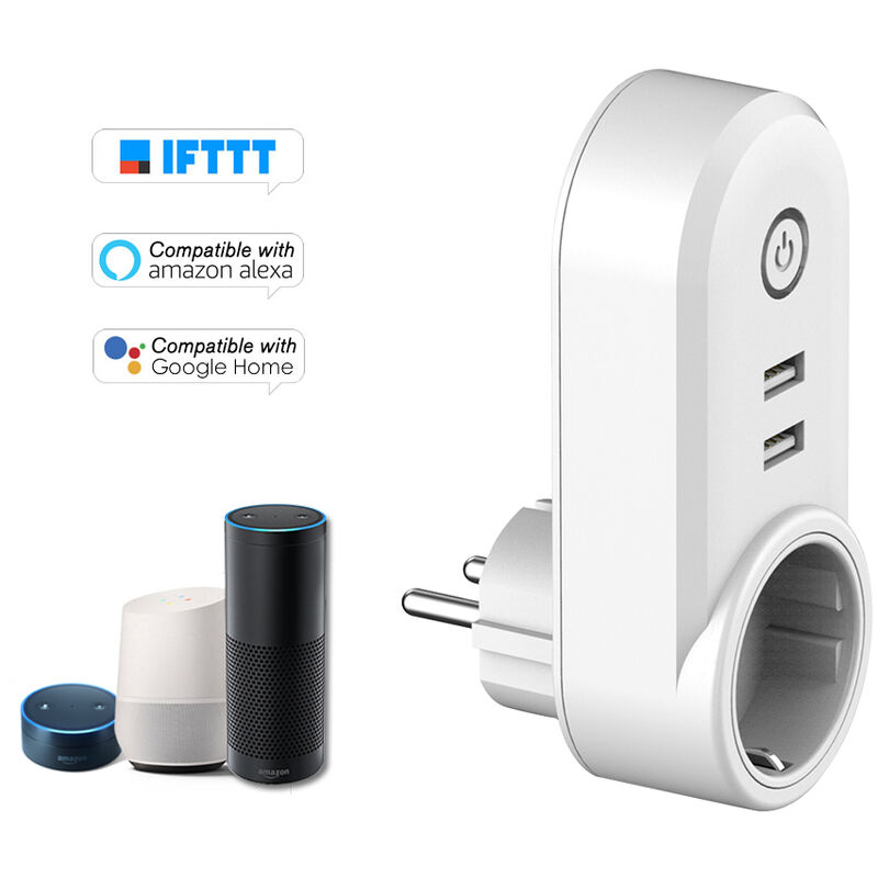 

WIFI Smart Plug Control remoto inalambrico Funcion de sincronizacion Enchufe de pared inteligente con salidas USB dobles, Control de voz Compatible