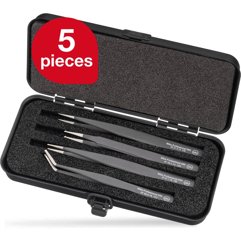 Wiha - smd tweezers set Professional esd (32349), tweezers for electrostatic components, fine pliers for gripping, precision tweezers with box,