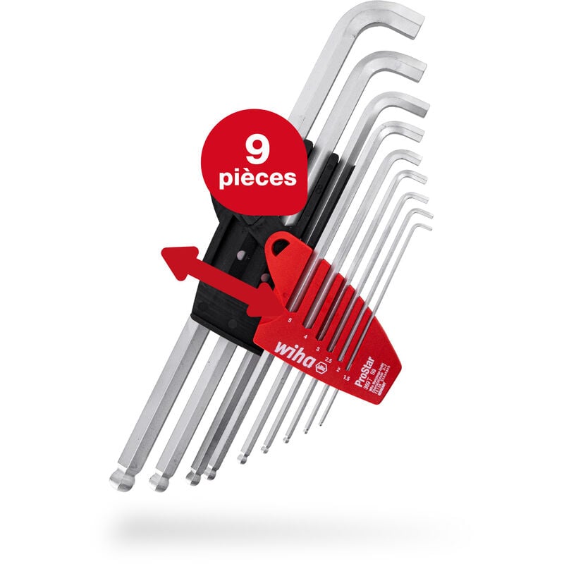 Wiha - Jeu de clés mâles en étui ProStar (35480), lot de 9 Jeu de clés six pans femelles, tête sphérique Clés six pans femelles petit modèle 1,5/ 2/