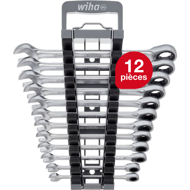 Jeu de clé à fourche à cliquet 12 pièces avec étuis i Jeu de clé à cliquet 8-19 mm i Jeu de clé mixte avec cliquet (44665) - Wiha