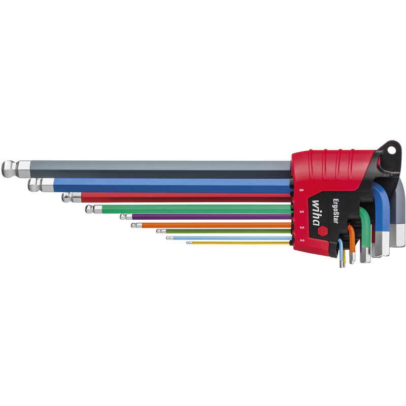Wiha - Jeu de clés mâles en étui ErgoStar six pans à tête sphérique 9 pcs, lumineux en couleur (41483)