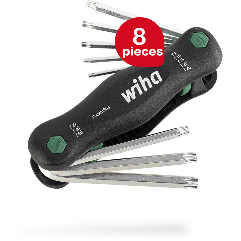 Multitool PocketStar® torx 8 pcs., quick access by pushing a button, can be used as a long handle and a T-handle, all-in-one tool (23049) - Wiha