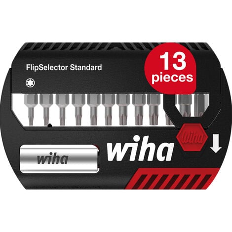 Wiha Bit set FlipSelector 13 parts I with belt clip I standard 25 mm TORX® I magnetic bit holder I opens by the push of a button I 1/4 inch C6.3 (39056)