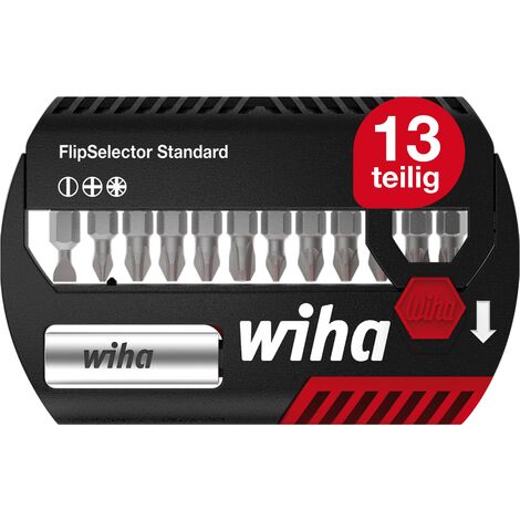 Wiha Bit Set FlipSelector 13 teilig I mit Gürtelclip I Standard 25 mm Schlitz, Kreuz, Pozidriv I magnetischer Bithalter I 1/4 Zoll C6,3 (39049)