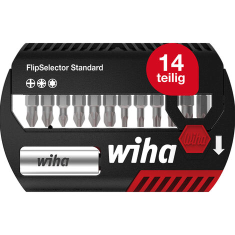 Wiha Bit Set FlipSelector Standard 13-tlg. I 25 mm Pozidriv, TORX 1/4" I magnetischer Bithalter I Öffnen per Knopfdruck (39040)