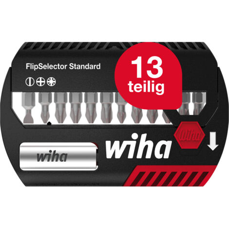 Wiha Bit Set FlipSelector Standard  13-tlg. I 25 mm Schlitz, Phillips, Pozidriv 1/4" I magnetischer Bithalter I Öffnen per Knopfdruck  (39029)