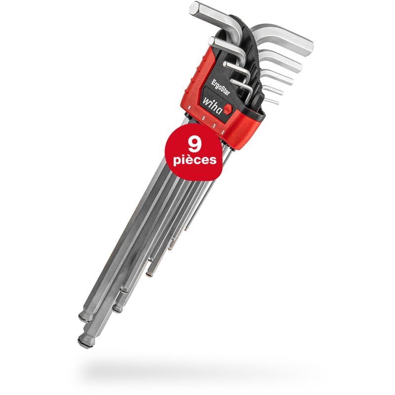Wiha - Jeu de clés mâles en étui ErgoStar (43851), clé angulaire six pans à tête sphérique MagicRing®, clés six pans femelles, lot de 9, chromé mat
