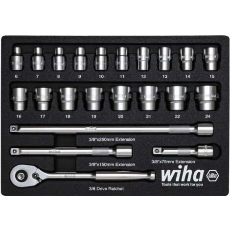 Wiha Jeu de clés à cliquet 3/8" 22 pièces avec intercalaire en mousse I Outil en acier chrome-vanadium pour montage et installation (44708)