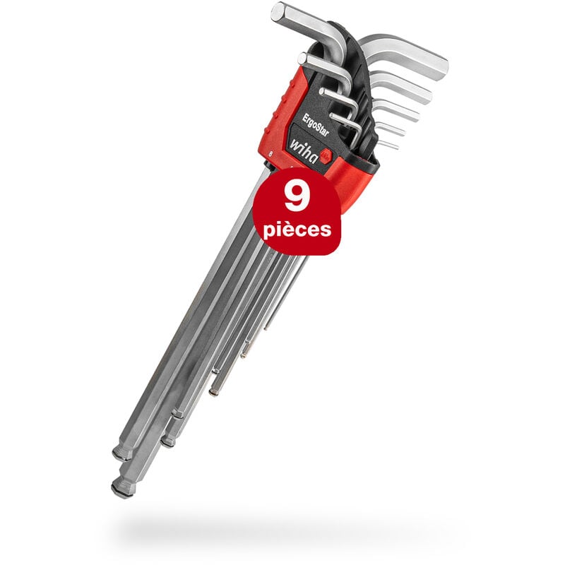 Wiha - Jeu de clés mâles dans étui ErgoStar (37351), 9 pièces, jeu de clés six pans femelles, jeu de clés six pans à tête sphérique, jeu de clés