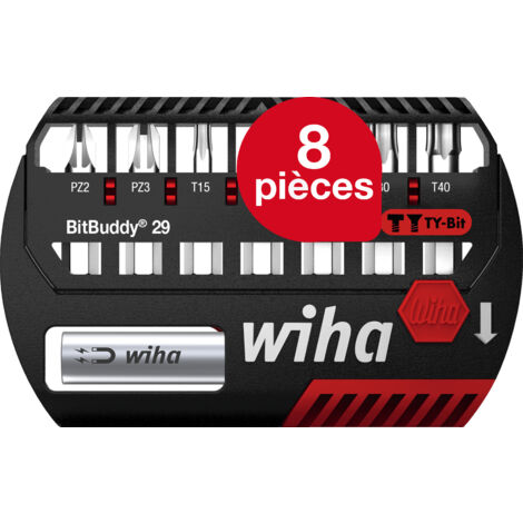 Wiha Jeu d'embouts BitBuddy 8 pièces I Embout TY 29 mm I Pozidriv, TORX 1/4" C6,3 I Porte embout magnétique I Adapté aux visseuses à impact et à percussion (42139)