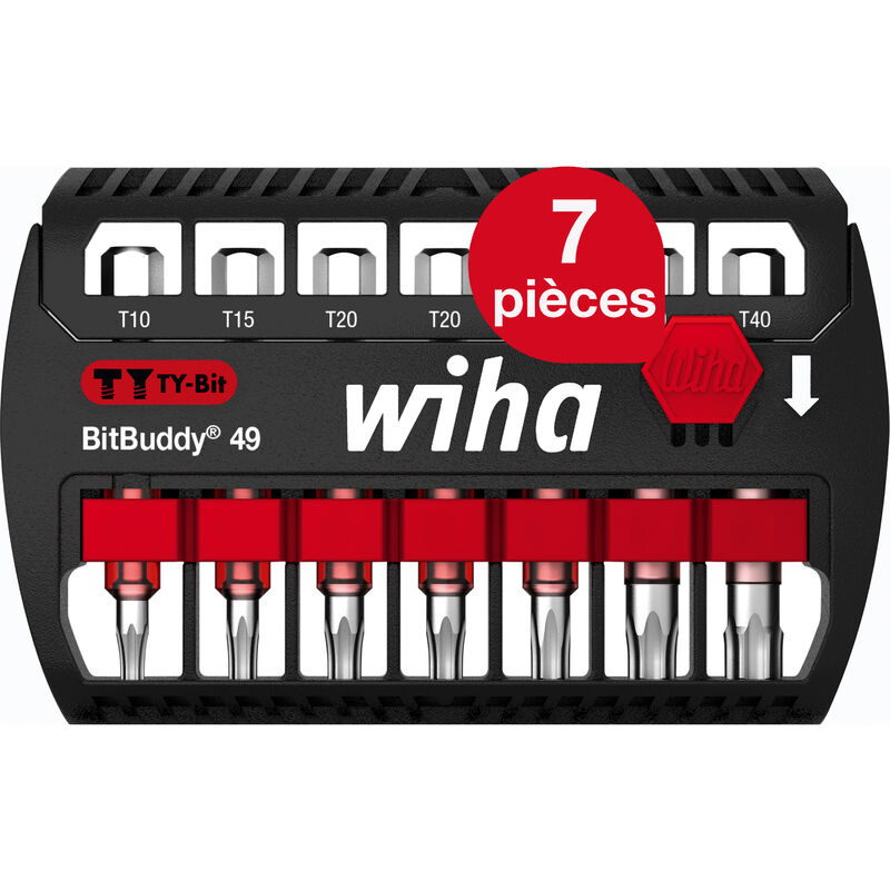 Wiha Jeu d'embouts BitBuddy 7 pièces I Embout TY 49 mm Six pans 1/4" E6,3 I Accessoire pour applications de vissage Adapté aux visseuses à impact et