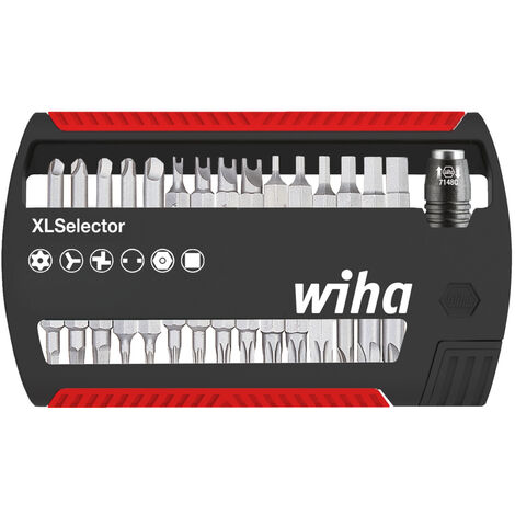 Wiha Jeu d'embouts XLSelector embouts de sécurité Standard 25 mm, lot de 31 1/4", dispositif de serrage Tri-Wing/six pans femelle avec trou/Torq-Set/Torx avec trou/carré femelle