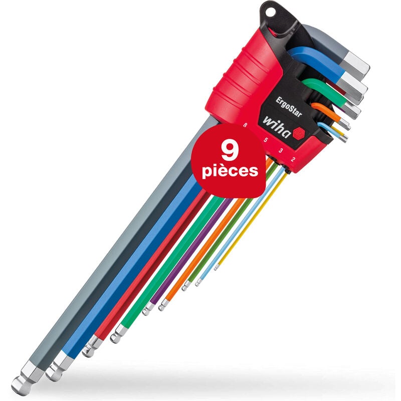 Toolland - Wiha Jeu de clés mâles en étui ErgoStar (43849), clé angulaire six pans à tête sphérique, clés six pans femelles, lot de 9, couleur vive