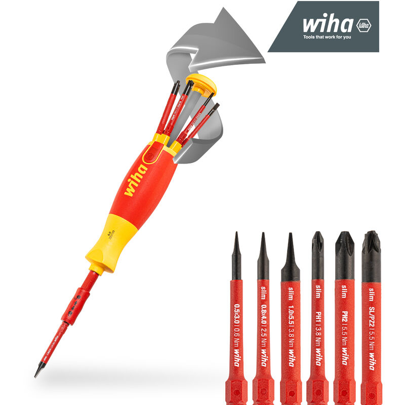 Wiha - Schraubendreher Set LiftUp electric 6-tlg. mit verstaubarem Bit Set (38613) i Schraubenzieher Satz mit Bit Magazin aus slimBits für