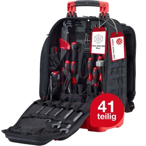 Wiha Mechaniker Werkzeugrucksack 41-tlg. I mit Mechaniker Grundausstattung I stabiler Standboden I mit Laptopfach I Taschen für Zubehör (45529)