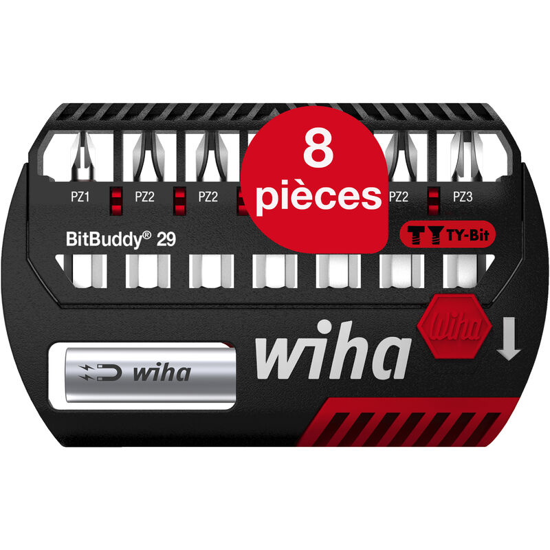 Wiha - Jeu d'embouts BitBuddy 8 pièces i Embout ty 29 mm i Pozidriv 1/4' C6,3 i Porte embout magnétiqueAdapté aux visseuses par impact & percussion
