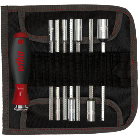 Wiha Schraubendreher mit Wechselklingen Set SYSTEM 6 (27712), 9 tlg. für tiefliegende Schrauben, Innensechskant/Kreuz/TORX/Schlitz inkl. Rolltasche