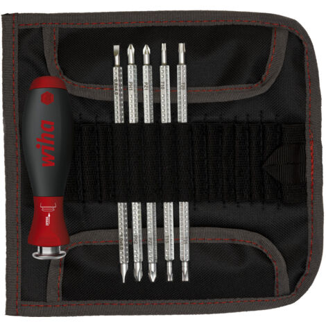 Wiha Schraubendreher mit Wechselklingen Set SYSTEM 6 (32298), 7 tlg. für tiefliegende Schrauben, Innensechskant/Kreuz/TORX/Schlitz inkl. Rolltasche