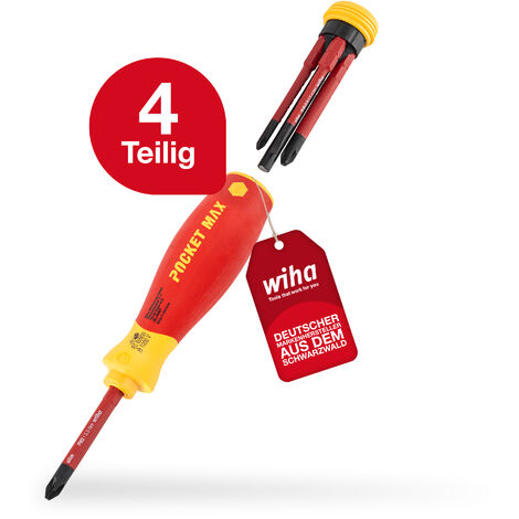 Wiha Schraubendreher Set gemischt PocketMax electric 4-tlg. mit verstaubarem Bit Set (45296) I Schraubenzieher Satz mit Bit Magazin aus slimBits für Elektriker I Schlitz / Kreuzschlitz / Plusminus