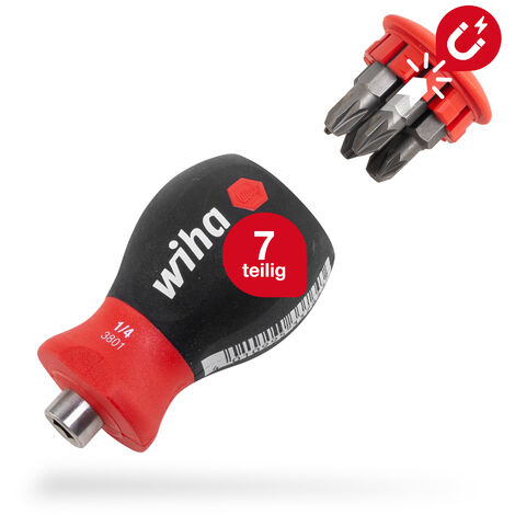 Wiha Schraubendreher Stubby mit Bit Magazin magnetisch (33740) I Schlitz, Kreuzschlitz I mit 6 Bits,  1/4"