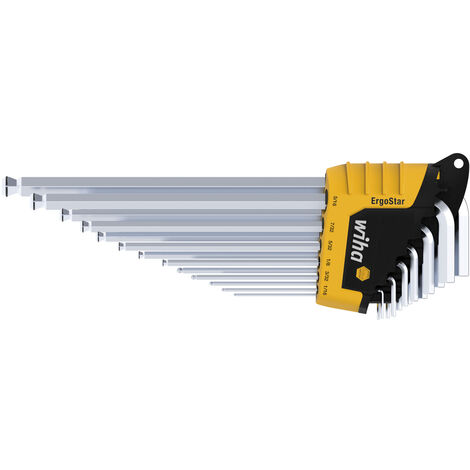 Wiha Set di chiavi a brugola in supporto ErgoStar Testa sferica esagonale MagicRing®, 13 pz., cromatura opaca, esecuzione in pollici in confezione di cartone da espositore (43852)