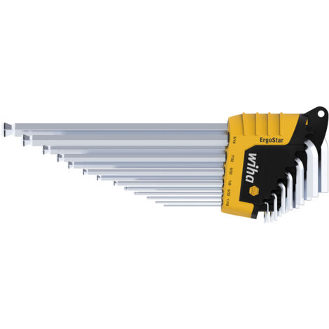 Wiha Set di chiavi a brugola in supporto ErgoStar Testa sferica esagonale MagicRing®, 13 pz., cromatura opaca, esecuzione in pollici in confezione di cartone da espositore (43852)