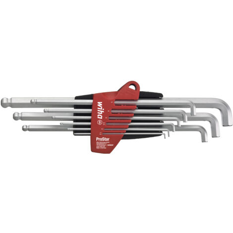 Wiha Set di chiavi a brugola in supporto ProStar Testa sferica esagonale con gambo corto 9 pz. cromatura opaca in confezione di cartone da espositore (35481)