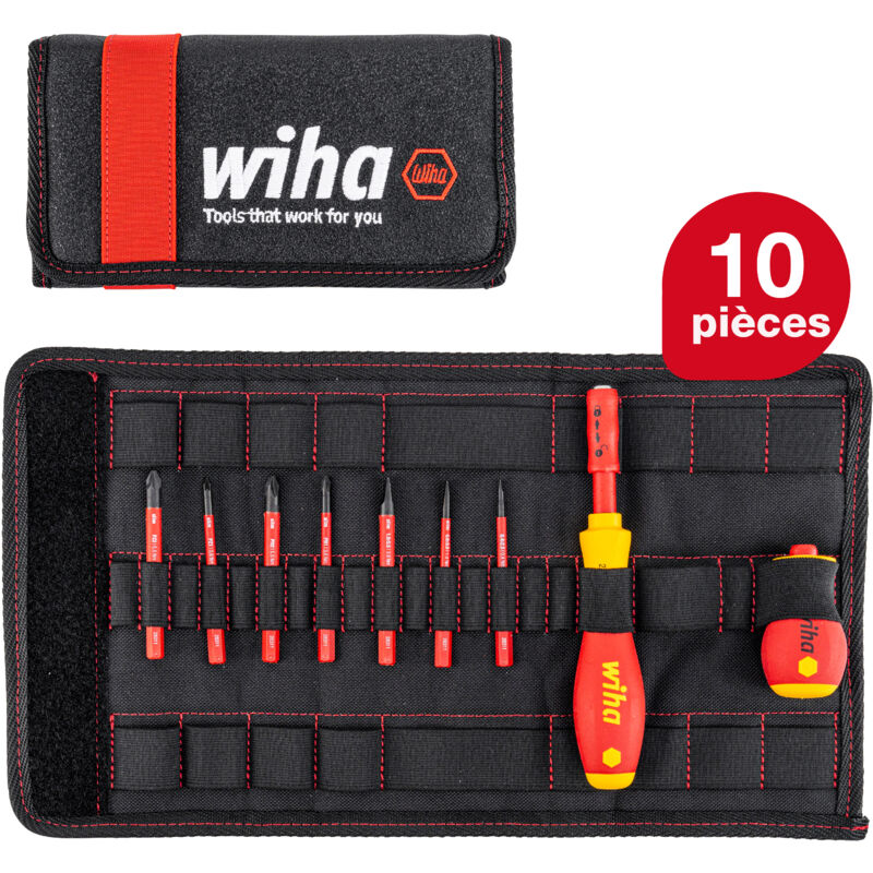 Wiha - Jeu de tournevis et embouts slimVario® Fente, Phillips, Pozidriv, 10 pcs y compris une trousse repliable (41232)