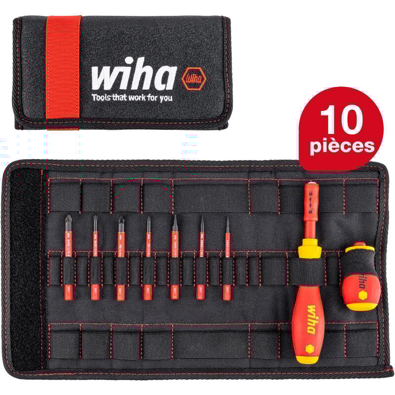 Wiha - Jeu de tournevis et embouts slimVario® Fente, Pozidriv, PlusMinus/Pozidriv 10 pcs y compris une trousse repliable (41233)
